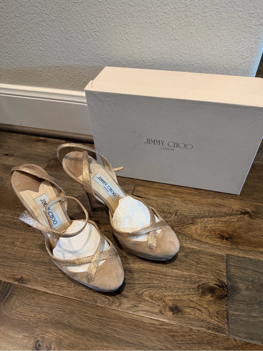 Jimmy Choo Women's Beige Suede Slingback Pumps with Gold Straps Size 39